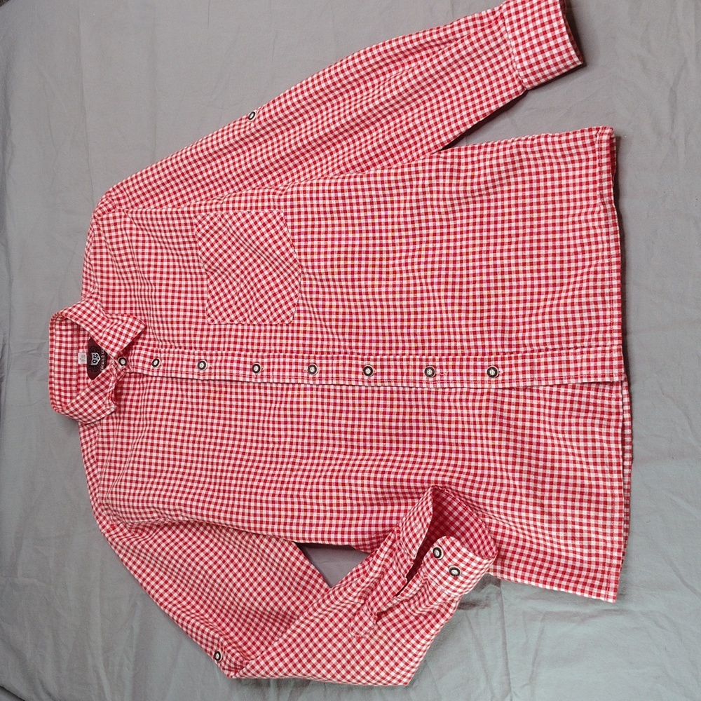 Trachten Shirt Size Small Gingham Check Cotton Red White Long Sleeve Button Down